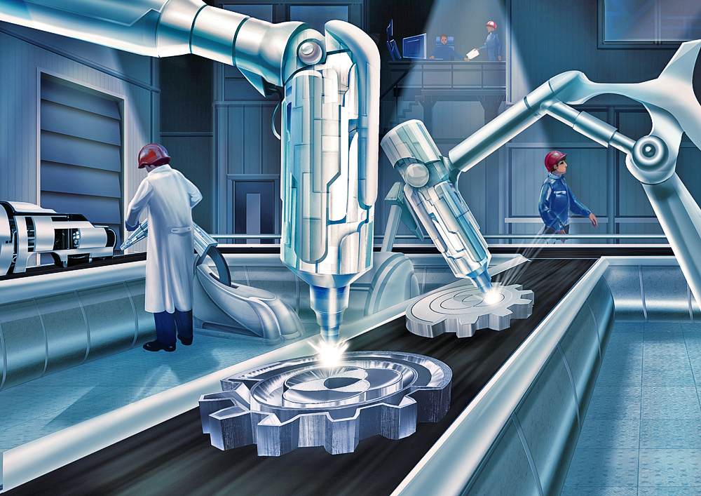 Версия иллюстрации завода будущего с рабочими у станков