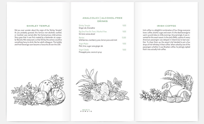Карточки меню бара итальянского отеля Badia di Pomaio 